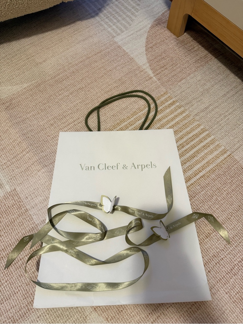 Van Cleef & Arpels Gift Bag with 2 Olive Ribbons & Butterfly Cutout